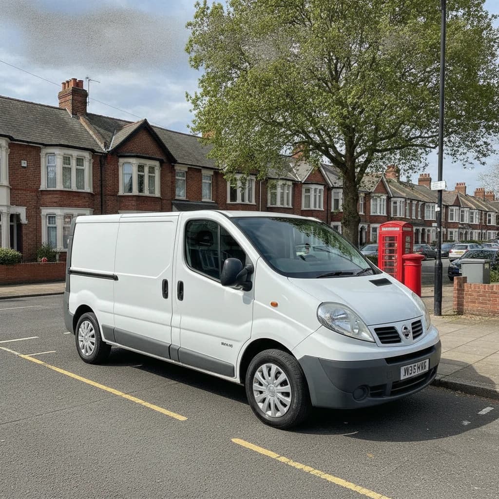 Nissan Primastar panel van parked on a UK street, three-quarter exterior view