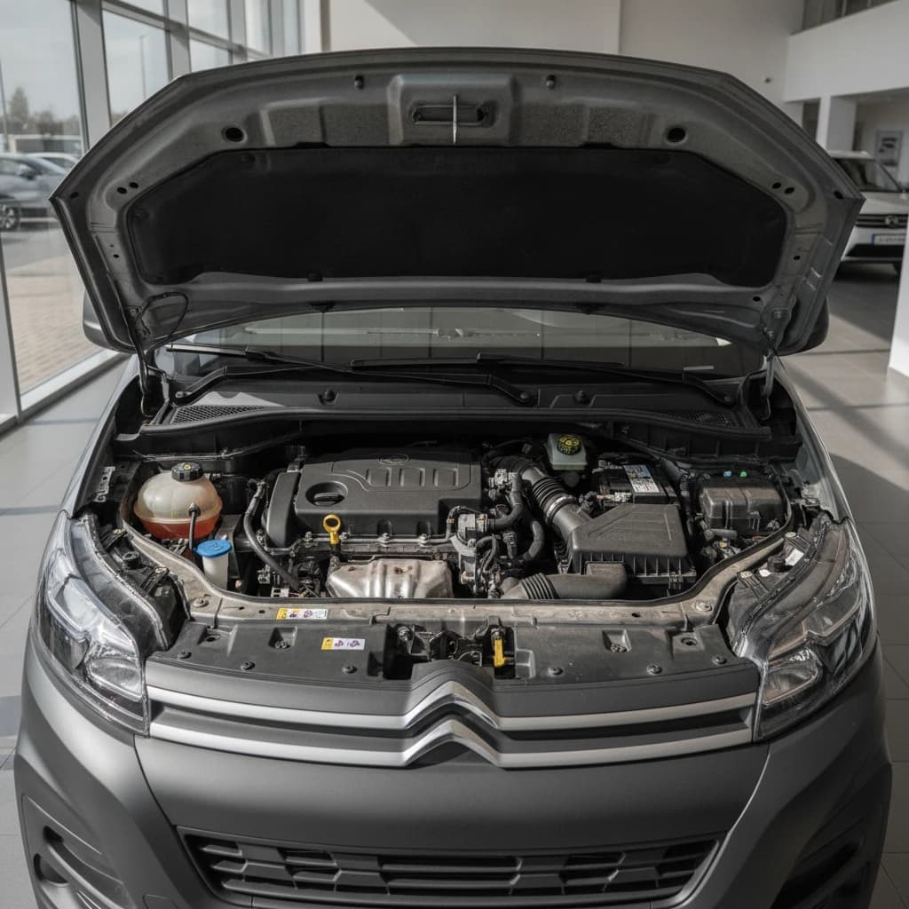 Citroen Dispatch engine bay with the bonnet open, battery compartment area visible