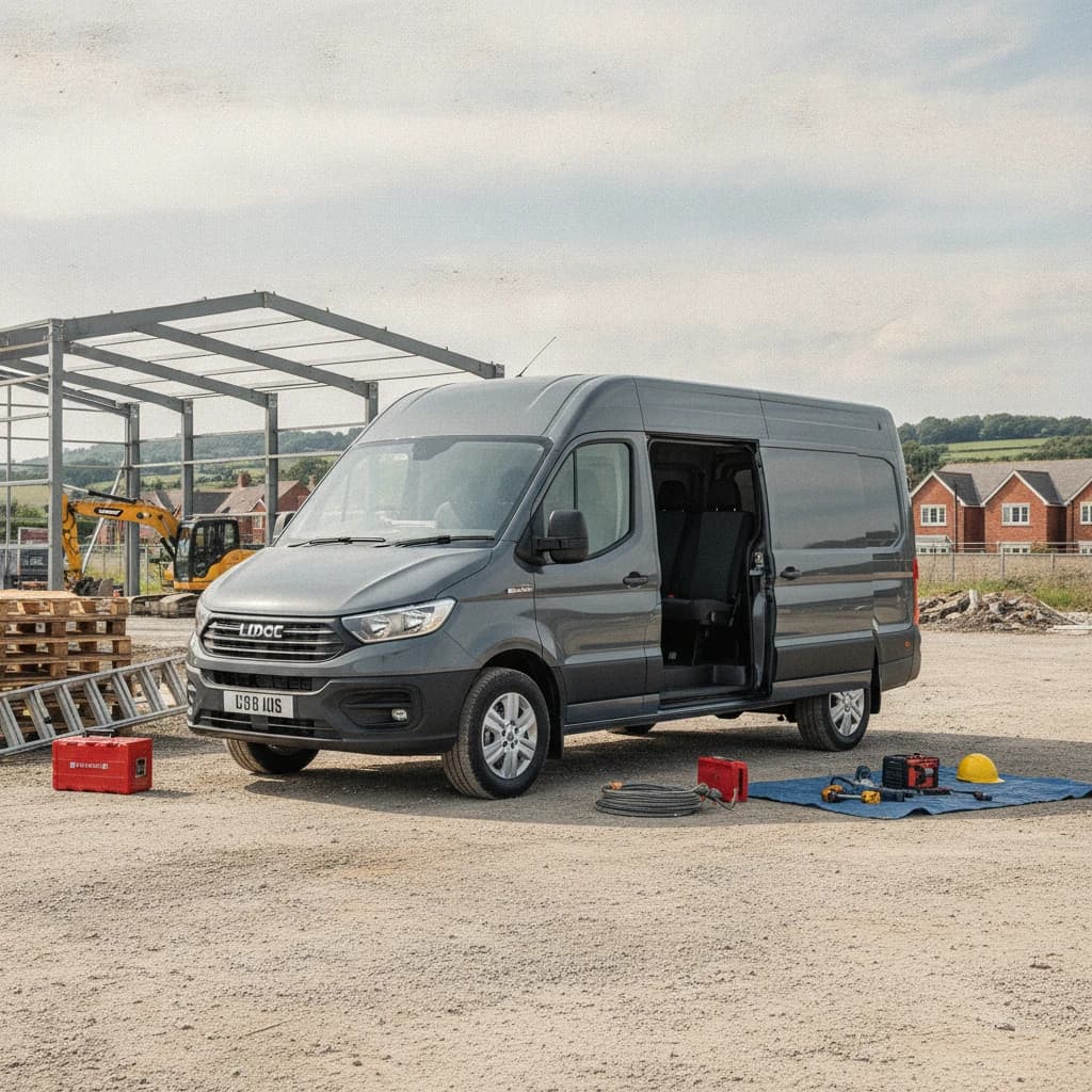 LDV Maxus Crew Van parked on a work site, three-quarter exterior view