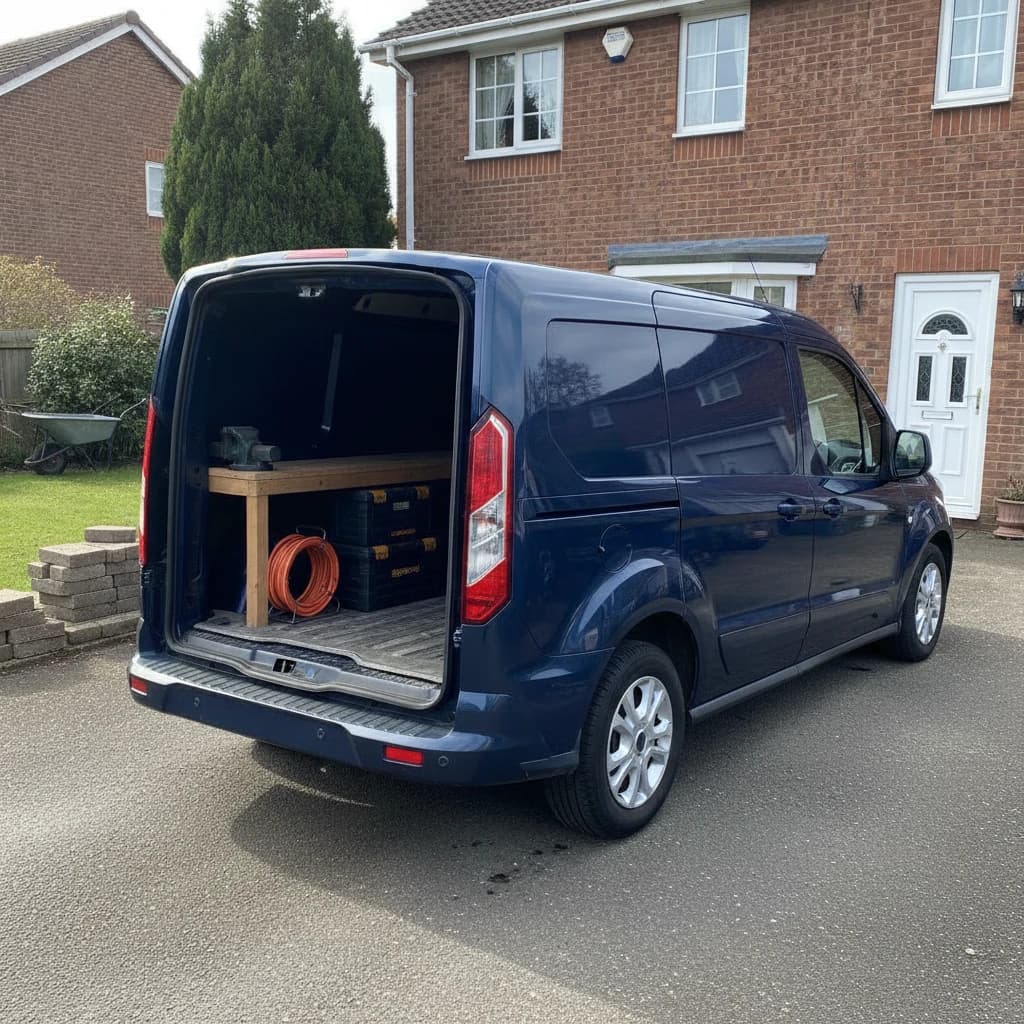 Ford Transit Connect panel van parked with rear doors open, showing load area access